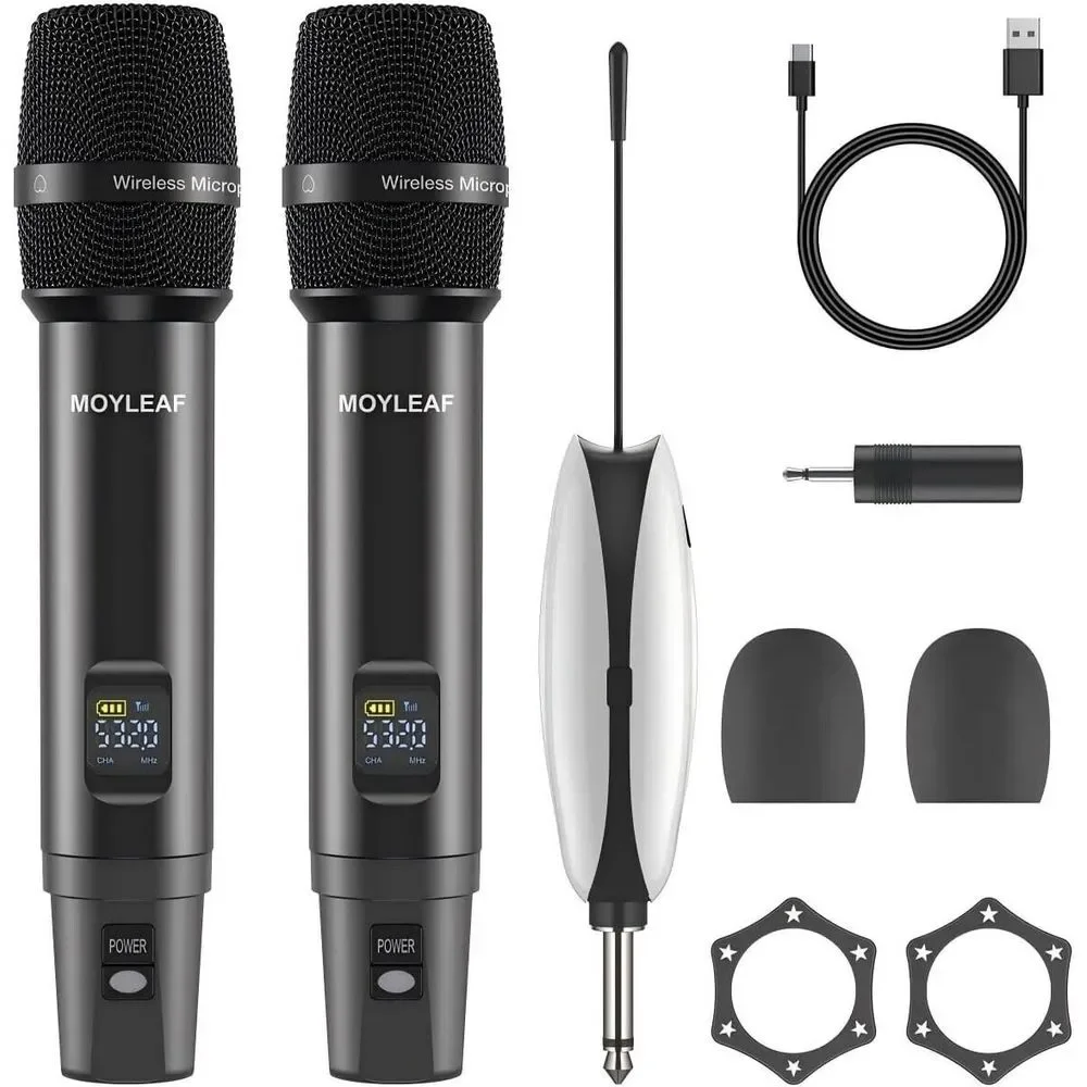 2 Pack Wireless Microphones UHF Metal Dual Handheld Cordless Dynamic 260Ft